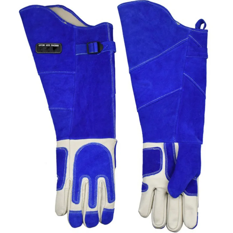 Blue gloves Анти-животные ловли кожаные перчатки длинные утолщение Собака Змея Pet Cat перчатки защитные перчатки для домашних животных магазины - Цвет: Blue gloves