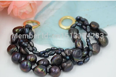 

Free Shipping>>> 4row 8" 14mm black baroque rice freshwater pearl bracelet