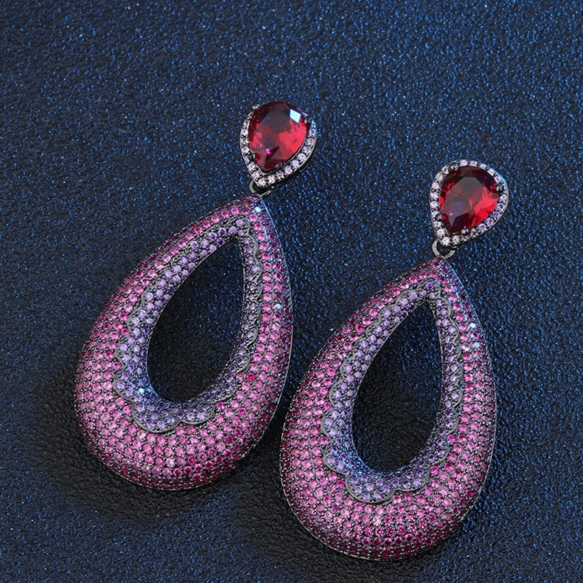 

Gorgeous Dubai Wedding Jewelry Red Long Earrings AAA Cubic Zirconia Water Drop Crystal Dangle Earrings for Women