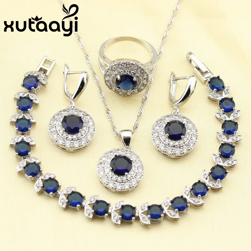 

XUTAAYI очаровательные синие кубические циркония 4 шт комплект ювелирных изделий из стерлингового серебра серьги кольцо ожерелье кулон брасле...