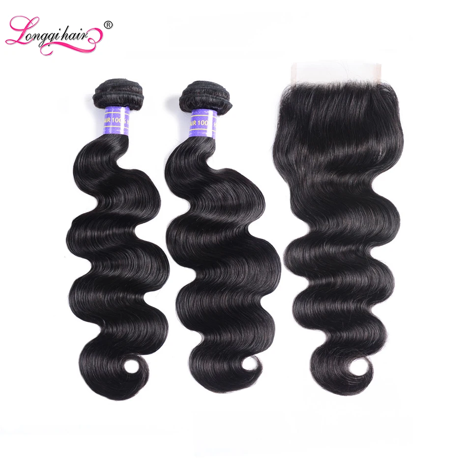 Longqi волосы для тела волна 2 пучка с закрытием бразильские Remy человеческие пучки