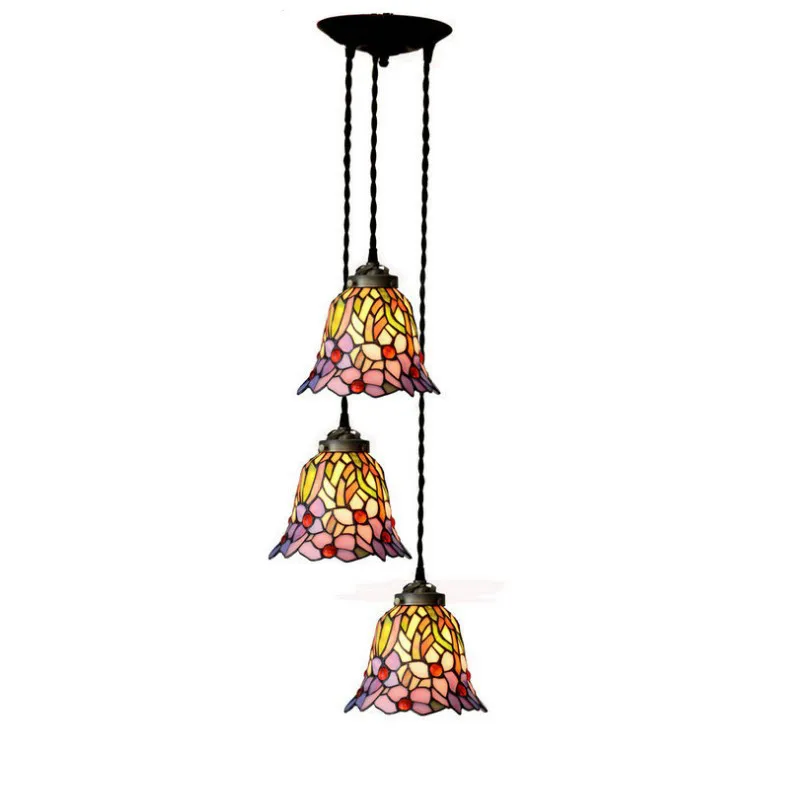 

Japanese Rustic Rural Stained Glass Flower Three LED Hanging Pendant Lamp Light Restaurant Cafe Dining Room Chandelier Lighting