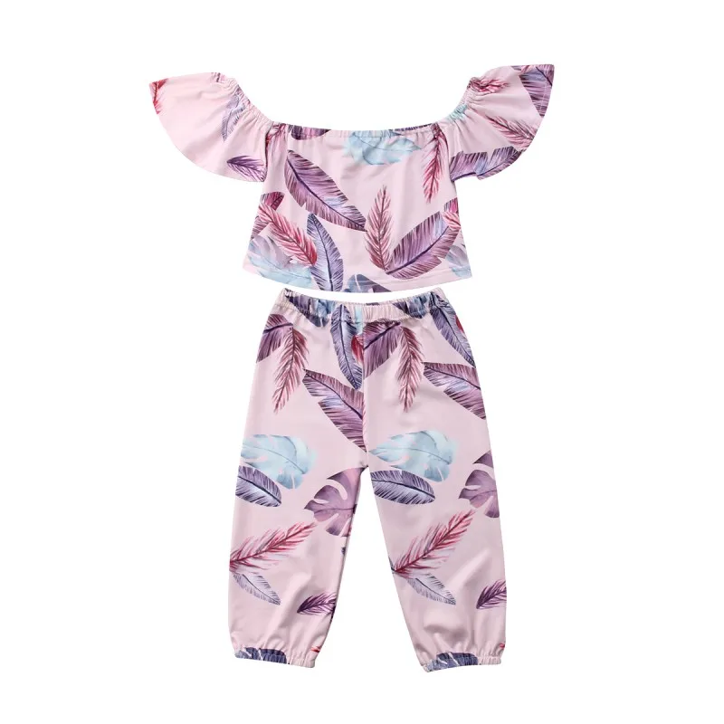 

Baby Girls Clothing Sets Off-shoulder Floral Pink Mauve Tops Plants Print Striped Pants Kids GirlsClothes Suits