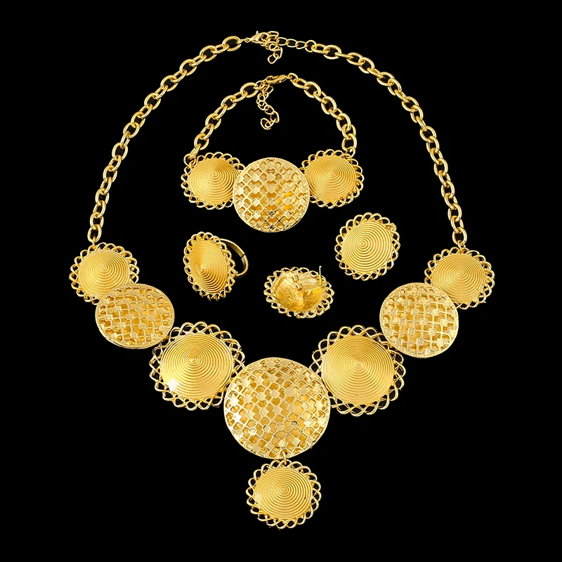 Набор эфиопских украшений Ethlyn золотого цвета. Включает серьги, кольцо и ожерелье. Подходит для свадебных нарядов эритрейских/хабешских женщин. S176.