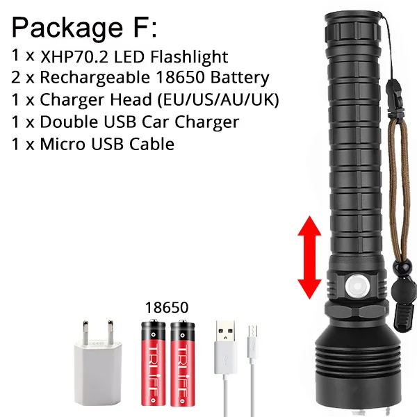 Option F Самый мощный светодиодный фонарик XHP70.2, фонарик с USB зумом, светодиодный фонарь, лампа XHP70 XHP50.2, аккумулятор 18650, лучше всего подходит для активного отдыха - Испускаемый цвет: Option F