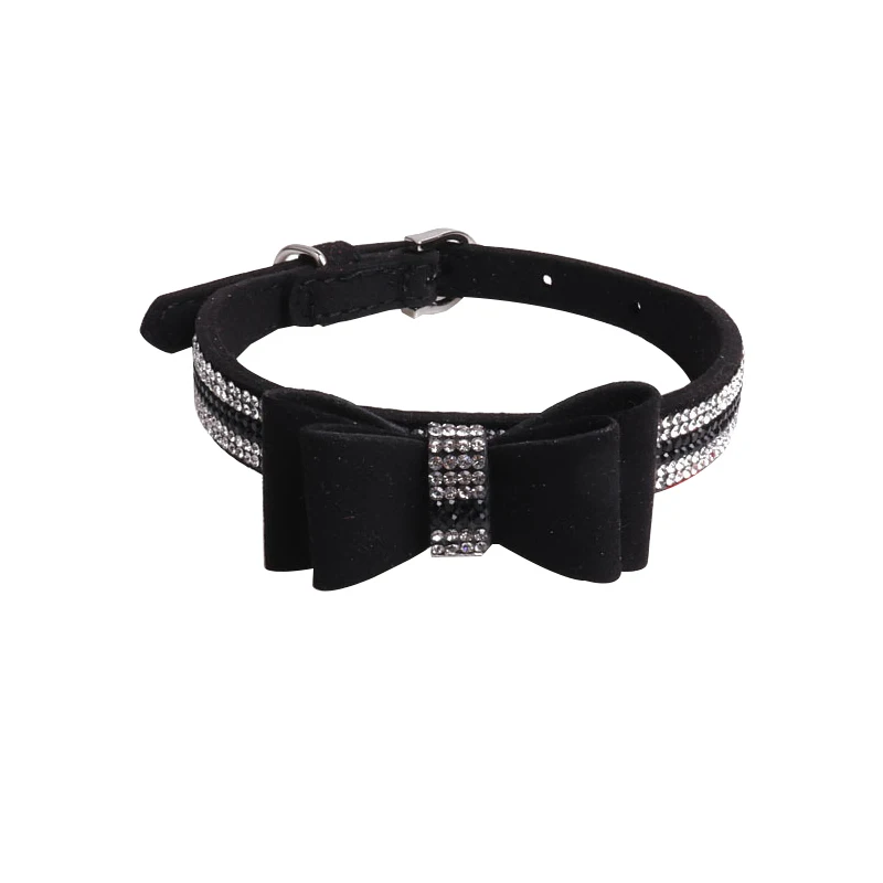 Black Collar Pawstrip, стразы, ошейник для собак, бант, блестящий ошейник для кошек, мягкий замшевый ошейник для щенков, 120 см, длинный поводок для собак, ошейник для домашних животных, для собак, XS-L - Цвет: Black Collar