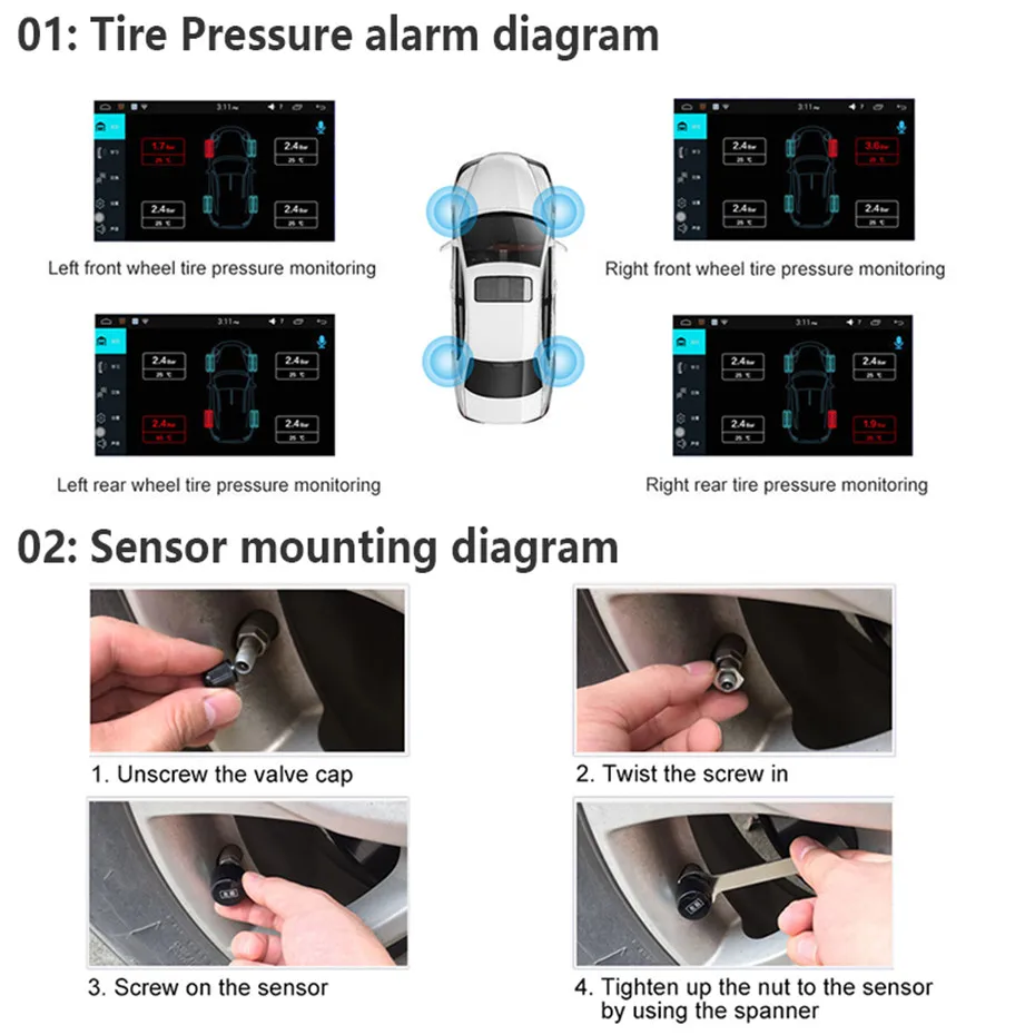 Автомобиль TPMS шин Давление мониторинга Системы для ОС Android DVD плеер с 4 шины Сенсор