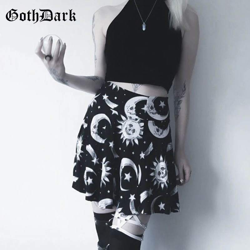 Женская плиссированная юбка Goth Dark, элегантная черная готическая юбка с рисунком, летняя модная юбка в стиле Харадзюку