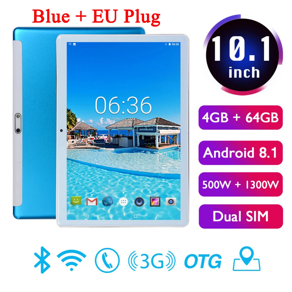 Blue EU 10,1 дюймов 4 Гб+ 64 ГБ Android 8,1 WiFi планшетный ПК двойная SIM Двойная камера 3g телефон Pad планшеты с адаптером питания ЕС/США - Цвет: Blue EU