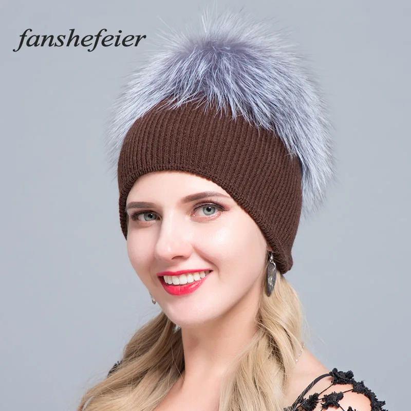 Зимние шапки Fanshefeier женские вязаные из шерсти с помпоном натурального меха енота