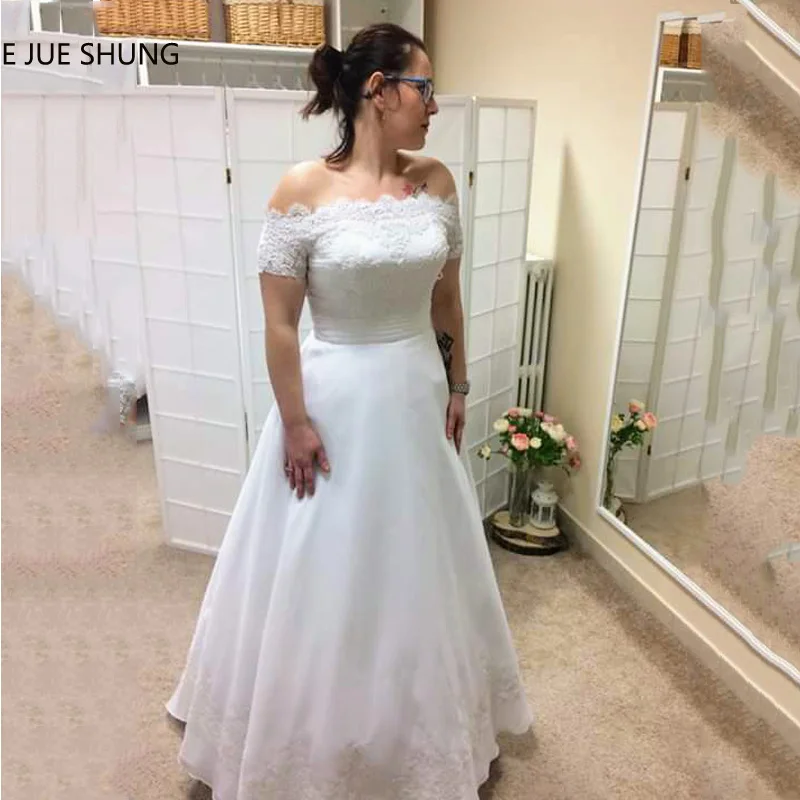 

E JUE SHUNG White Organza Lace Appliques Wedding Dresses 2019 Off The Shoulder Short Sleeves Wedding Gowns vestidos de novia