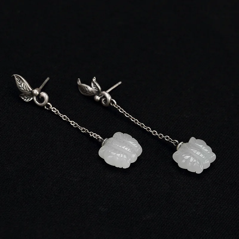 Женские серьги из серебра 2018 пробы с бабочкой натурального нефрита | Украшения и