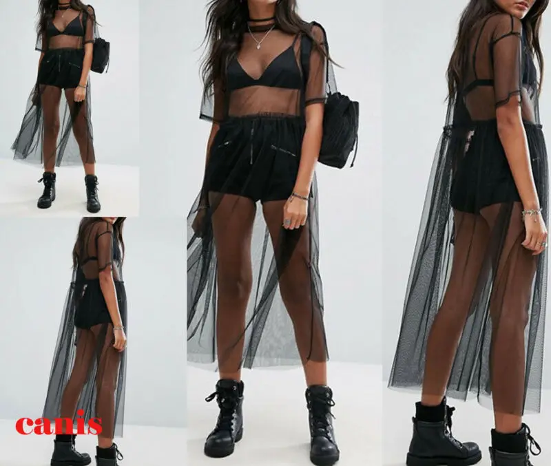 2019 сексуальные черные прозрачные сетчатые Длинные Топы женские летние длинные