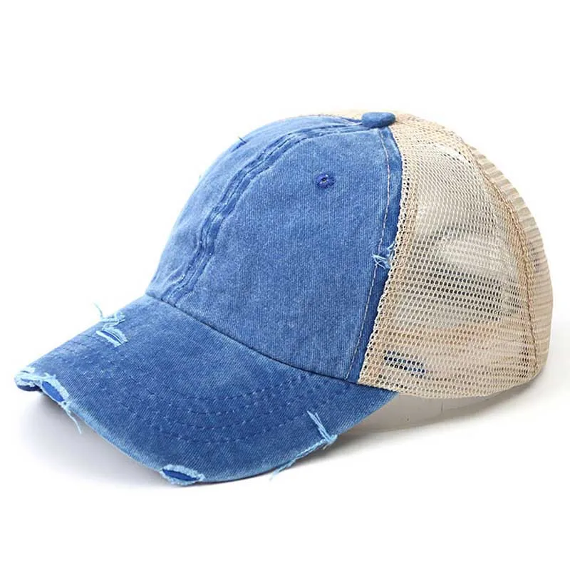 Blue Distressed бейсбольная кепка грязная булочка шапка с отверстием для хвоста Женская сетчатая Кепка Дальнобойщика s промытая хлопковая регулируемая бейсболка хип-хоп кепка летняя кепка - Цвет: Blue