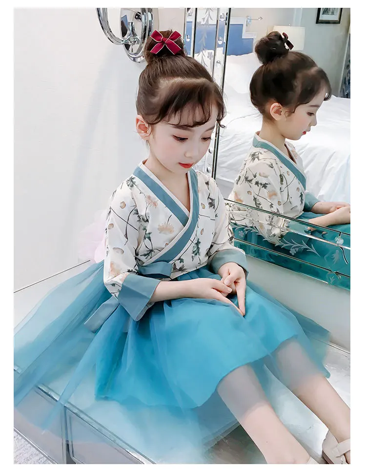 Hanfu/комплект одежды для девочек, коллекция года, новое весеннее детское пышное платье принцессы с длинными рукавами+ пальто, костюмы из 2 предметов для девочек, китайский style2-10T