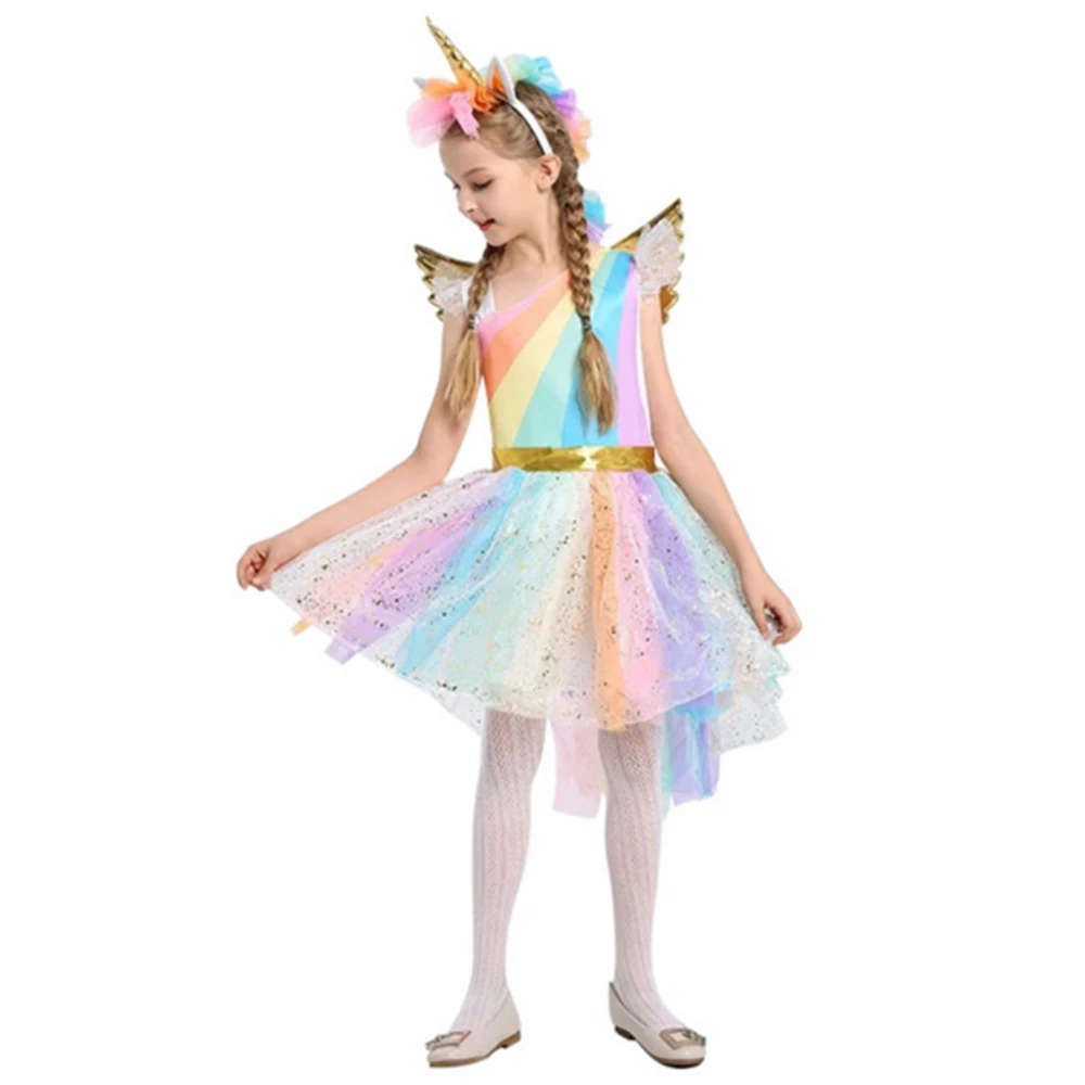 FINDPITAYA Girl Unicorn Dress Kids Flying Sleeve Rainbow Party Dancing Tutu Girls Christmas Pageant Tulle Cosplay Costume | Тематическая