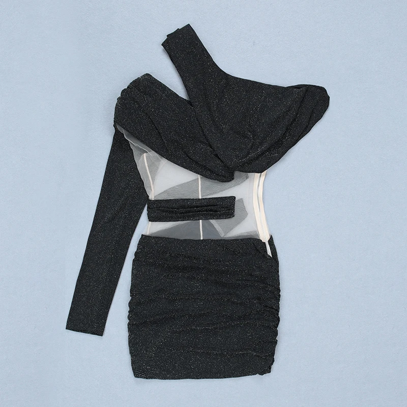 Женское Прозрачное мини платье черное облегающее на одно плечо с длинным рукавом