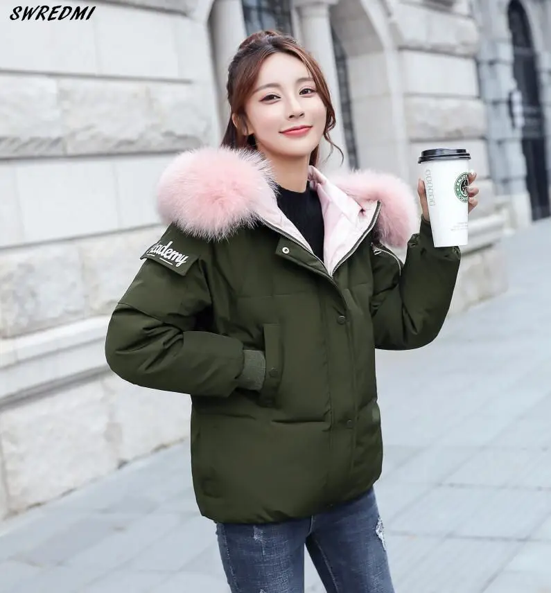 Army green SWREDMI женская зимняя куртка новая Толстая теплая парка женская большая куртка с меховым воротником и хлопковой подкладкой пальто Верхняя одежда с капюшоном - Color: Army green