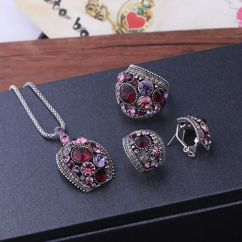 Feelgood Silver Color Vintage Jewellery Set White And Black Crystal Jewelry Sets With Necklace Stud Earrings Ring For Women Gift | Украшения