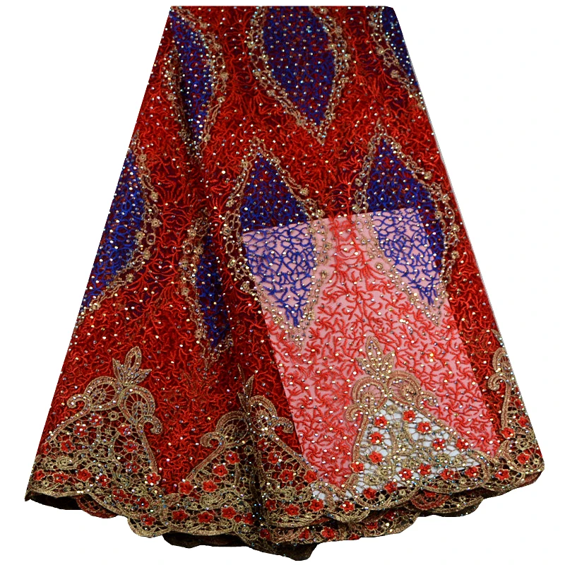 Красный цвет африканская кружевная ткань вышитые нигерийские кружева с камнями