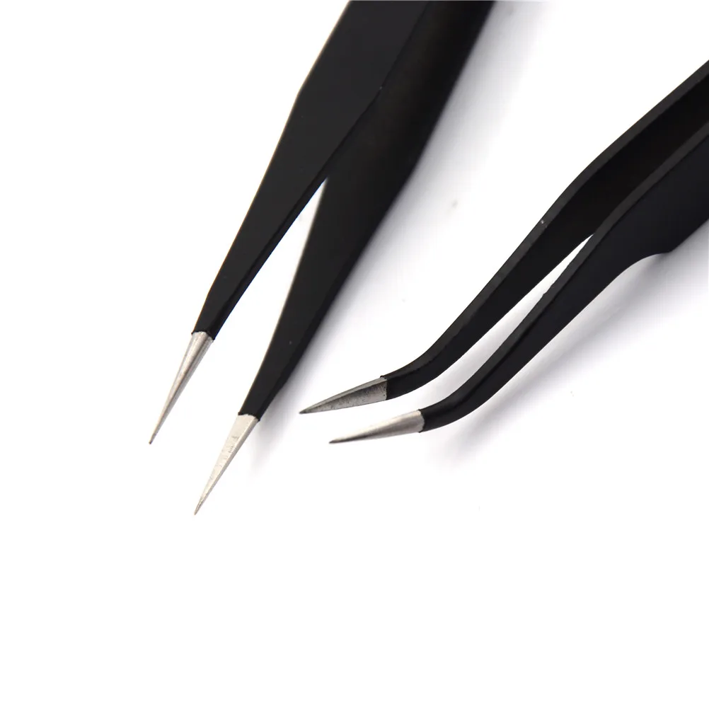 

2Pc Black Anti-static Straight Curved Tweezers stainless steel makeup tools