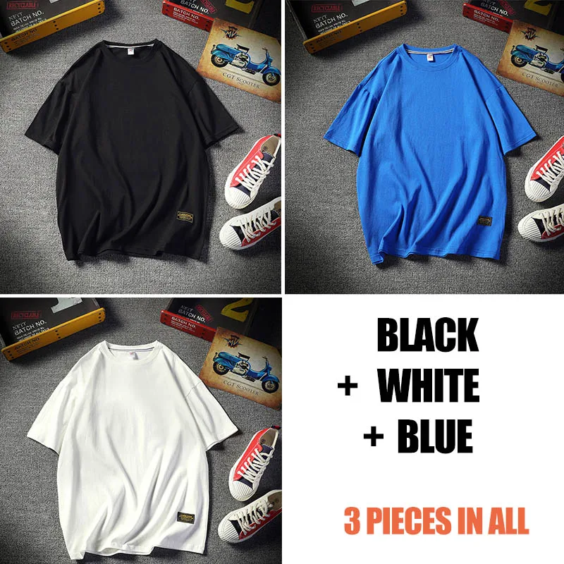 Black-White-Blue Распродажа, набор из 3 повседневных футболок, мужская одежда, летняя уличная футболка большого размера с коротким рукавом, простая белая футболка BD105 - Цвет: Black-White-Blue