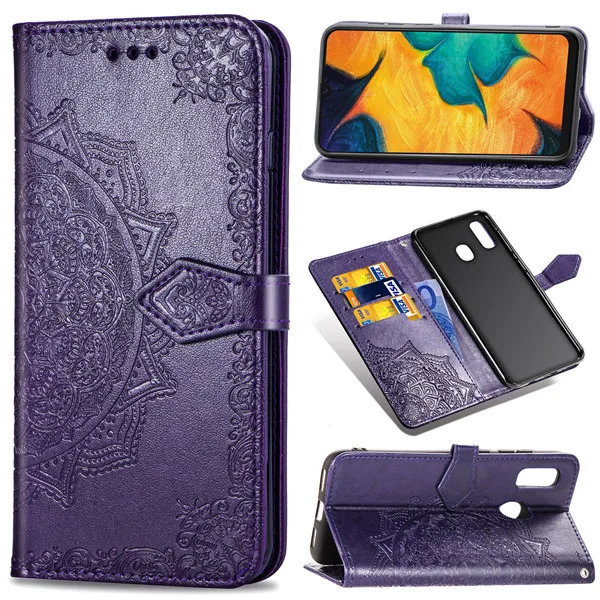 Кожаный флип-кейс A 30 для samsung Galaxy A30 Fundas TPU с цветочным принтом, чехол-кошелек с подставкой для samsung A30, чехол с ремешком - Цвет: Фиолетовый