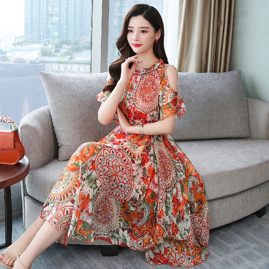 Цветочные шифоновые богемные миди платья летние винтажные Большие размеры пляжный сарафан с открытыми плечами женское обтягивающее элегантное на выход Vestidos