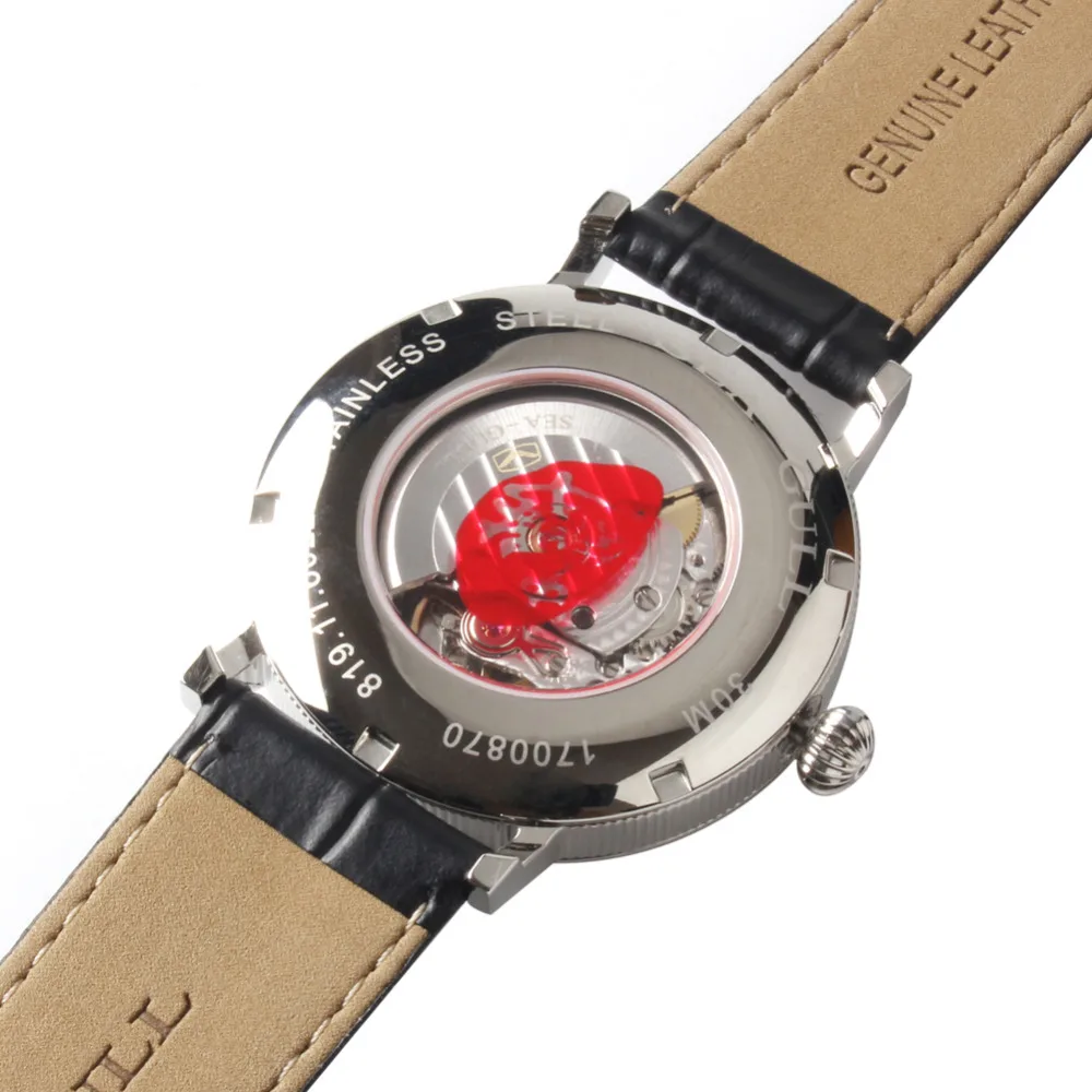 Мужские автоматические часы с римскими цифрами кожаным ремешком черного цвета