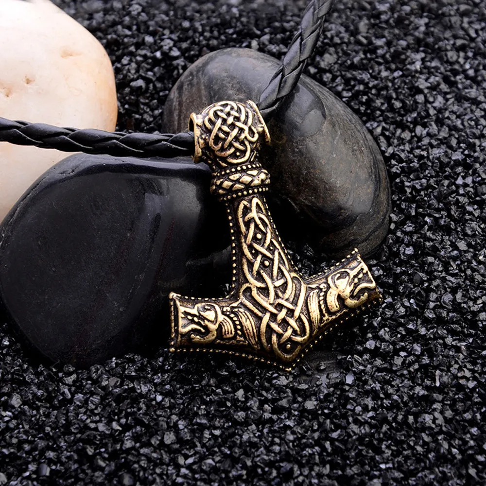 1pcs Norse Vikings Amulet PENDANT Necklaces Hammer Of Thor Mjolnir Pendant Leather Rope Necklaces Animal Knot Viking Jewelry