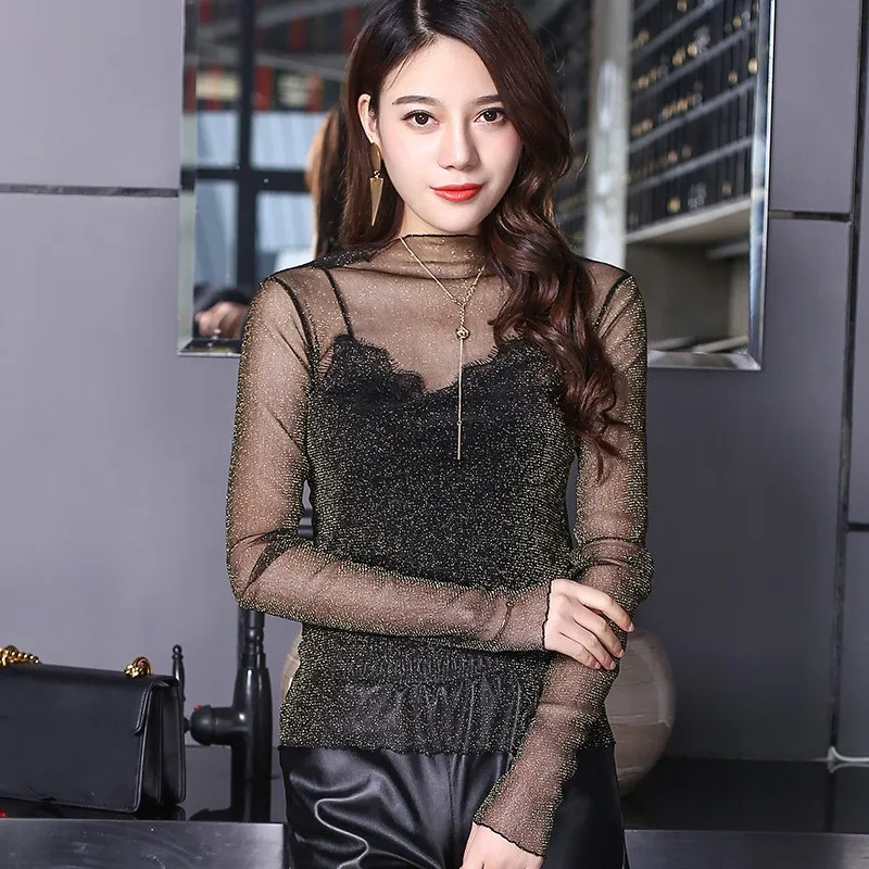 gold black bling Пикантные сетчатые Топы harajuku Прозрачная Футболка открытая Прозрачная майка с длинным рукавом в горошек сетчатые Топы Клубная звезда с сердцем - Цвет: gold black bling