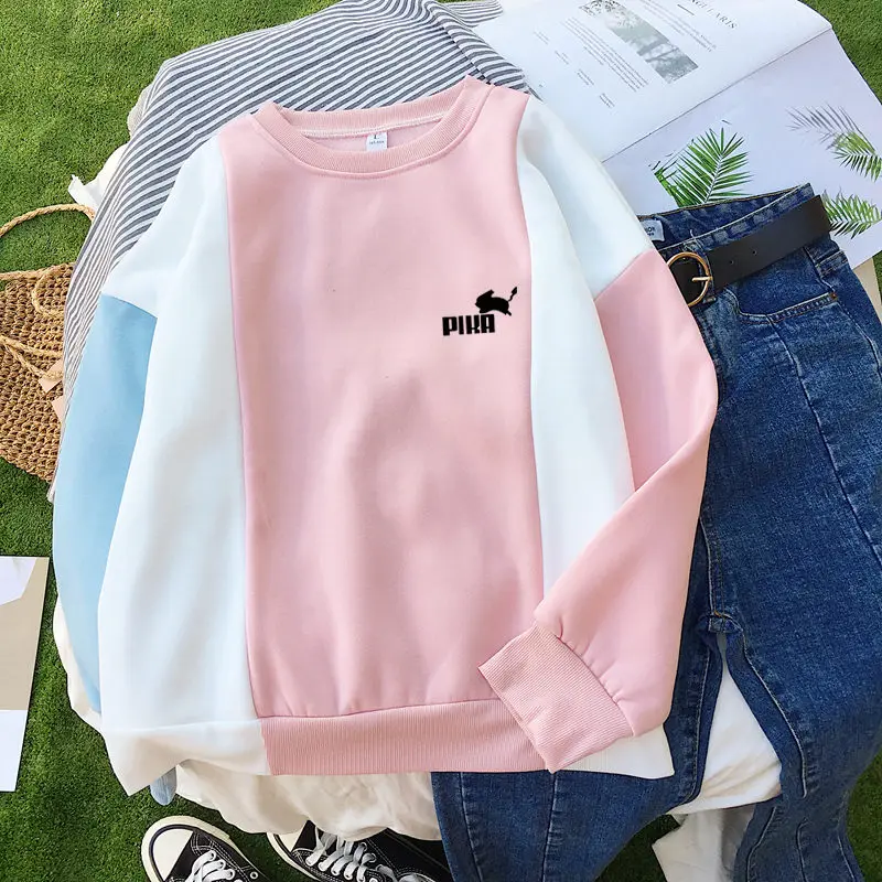 pink Для женщин толстовки Толстовка Причинно Kawaii с рисунком Пикачу печатных Джемпер Пуловер Женские кофты поп Harajuku Сращивание толстые Топы - Цвет: pink