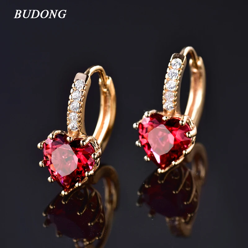 Женские серьги кольца BUDONG золотого цвета с кубическим цирконием и сердечком