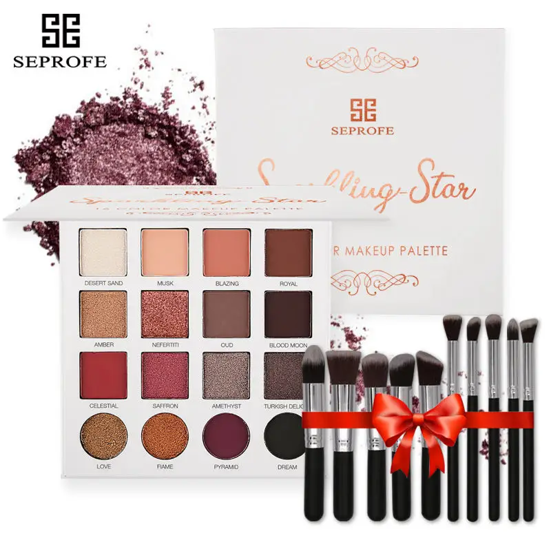 Send black brush SEPROFE 16 цветов Тени для век Палитра Мерцающая матовая красота палитра Набор для макияжа de maquillage дымчатые тени для век Бесплатный подарок 10 шт. кисти - Цвет: Send black brush