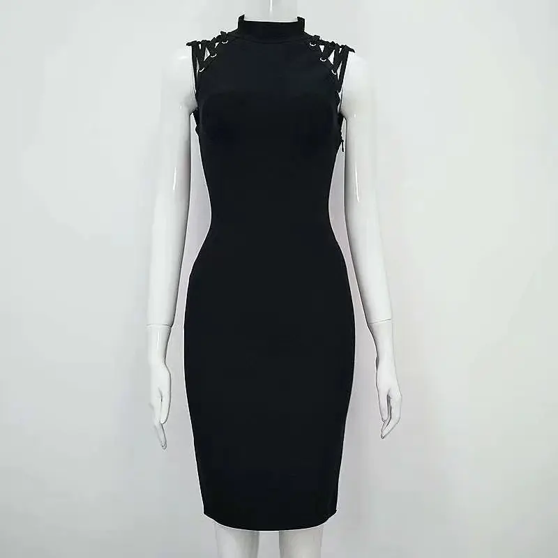 Женские летние модные пикантные выдалбливают черный Бандажное платье 2017