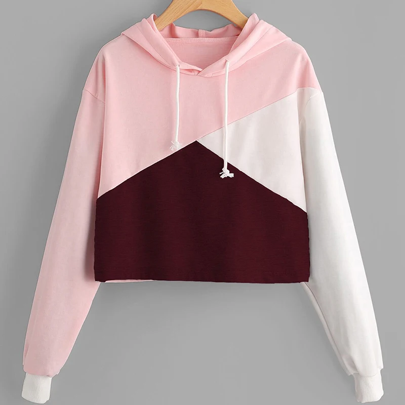 Bigsweety Для женщин Drawstring с капюшоном Harjuku Цвет блока длинным рукавом Толстовка