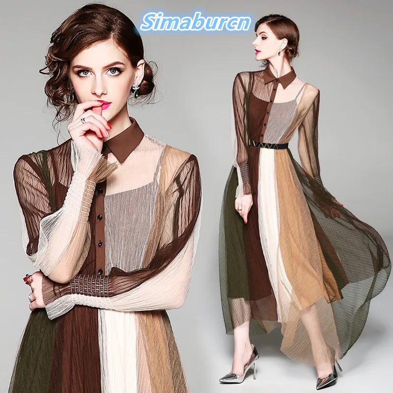 

Simaburcn Summer Women Mesh Long Dress Long Sleeve Femme Elegant Party Striped Printed Loose Slim Waist Dresses New Arrivals