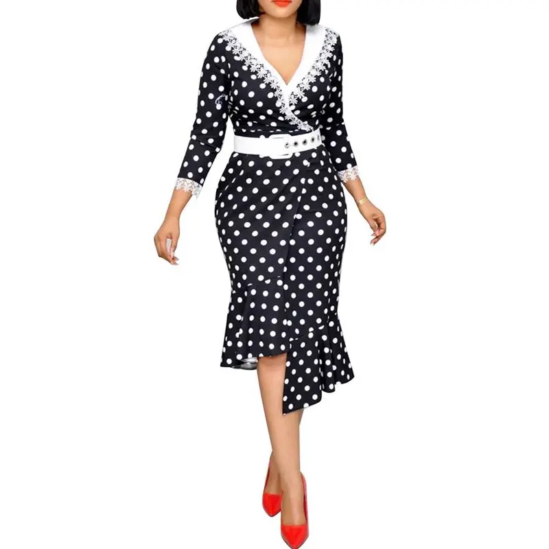 Сексуальный элегантный в горошек Bodycon платье Для женщин кружева v-образным