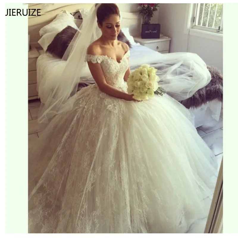 

JIERUIZE White Lace Off The Shoulder Ball Gown Princess Wedding Dresses V-neck Bridal Gowns