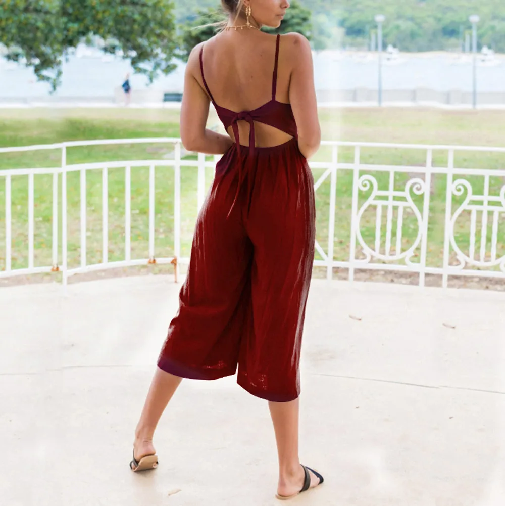 Womens Daily Summer soft and comfortable Strappy Soild Button Long Trouser Playsuits Jumpsuit Rompers L50/0116