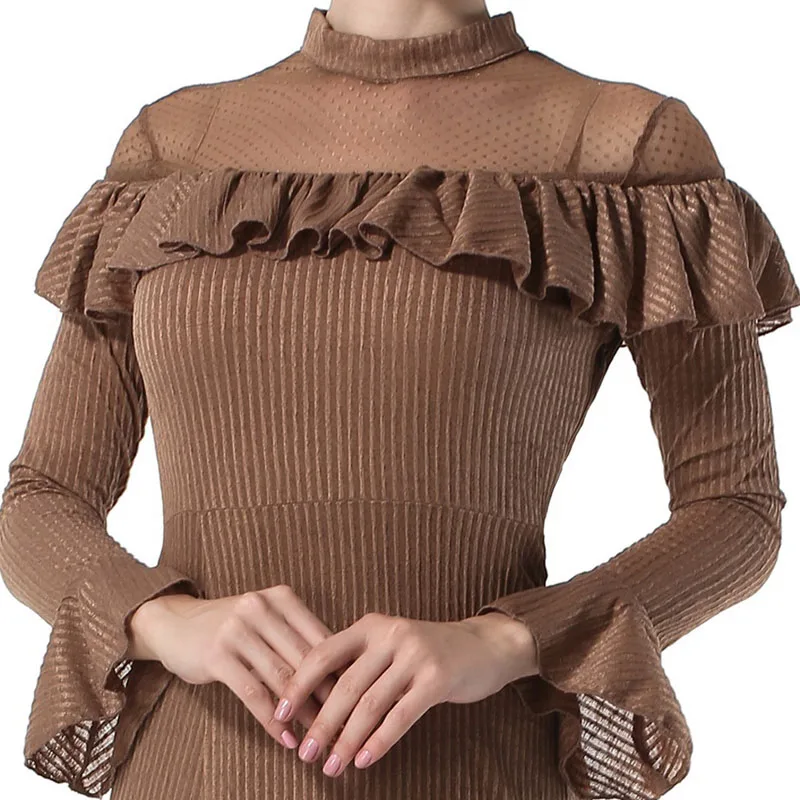 

JLI MAY Vintage split long dress women turtleneck mesh ruffles long sleeve a-line slim autumn elegant evening party maxi dresses