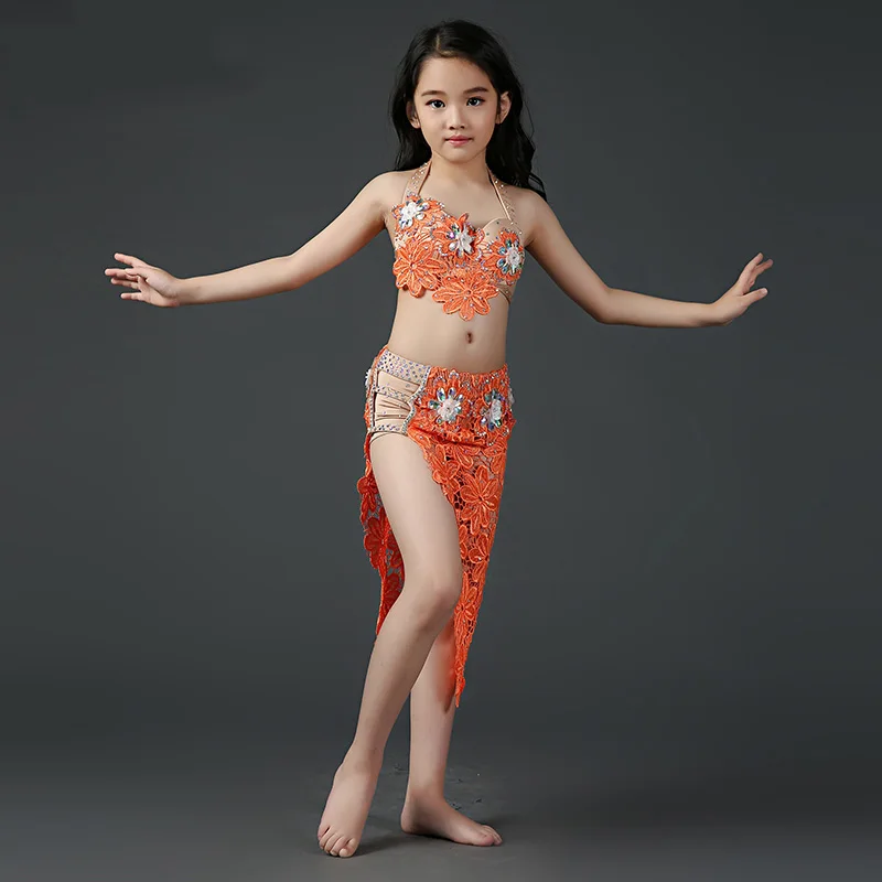 Кружевной модальный бюстгальтер для танцев юбка с разрезом из горного хрусталя комплект из 3 предметов для маленьких девочек/детей костюм Одежда для выступлений RT016