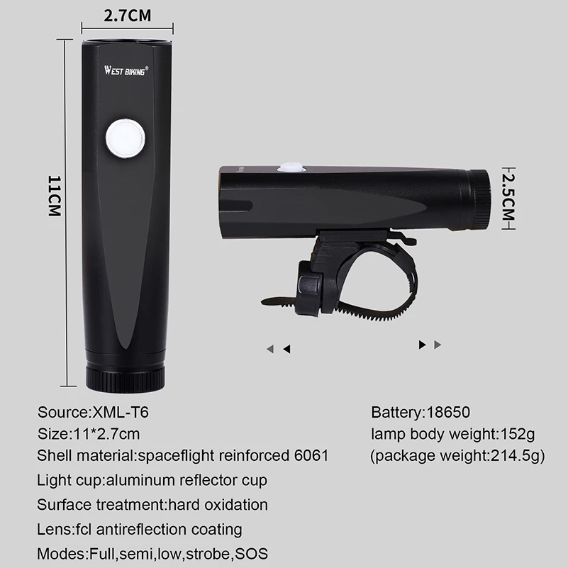 

WEST BIKING Bicycle Light USB Rechargeable Bike Front Light Waterproof Built-in Battery Cycling Flashlight 800lumen Bike Light