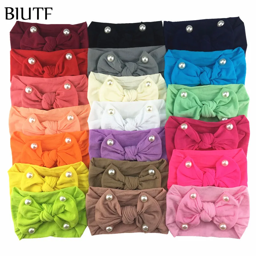 20pcs/lot Handmade Soft Nylon Elastic Headband Bow Knotted Solid Color Hairband with Pearl Princess Headwear HB085 | Аксессуары для