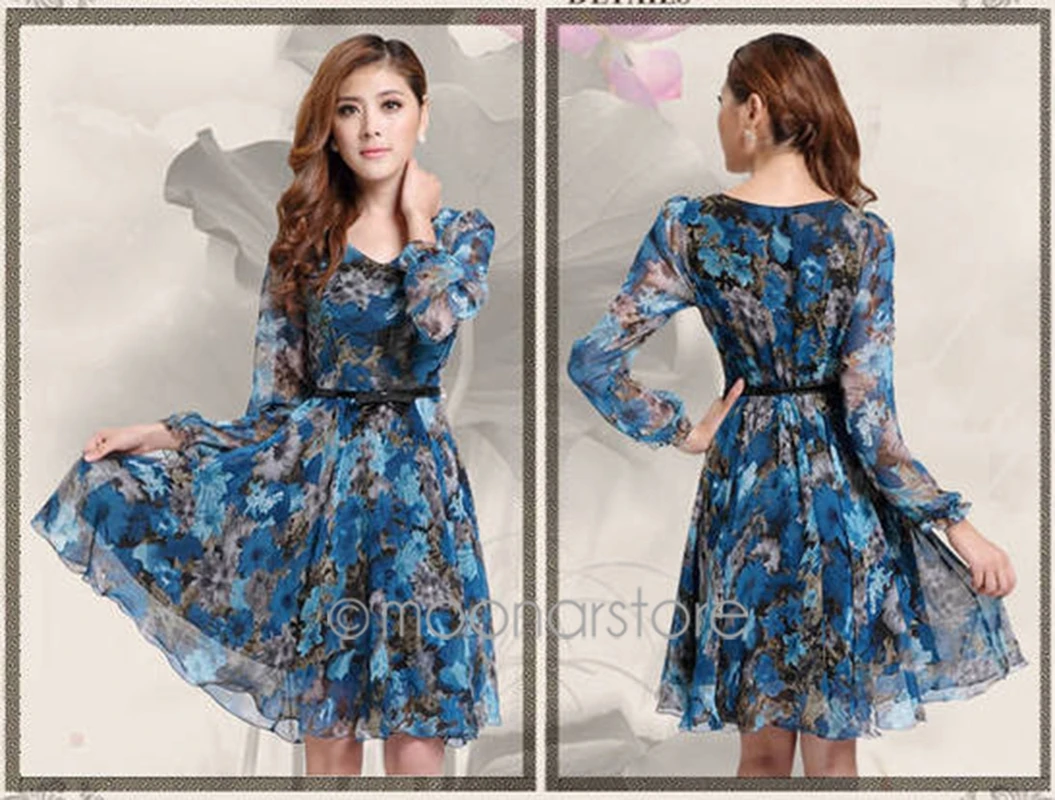 Европейский v образный вырез цветочный принт шифоновое тонкое платье с длинным