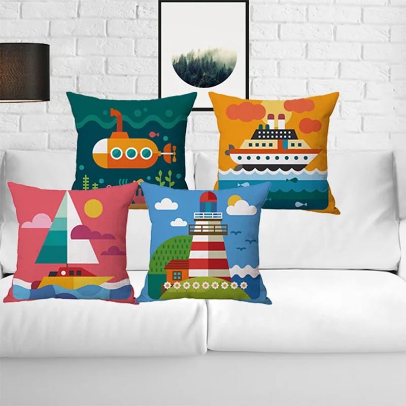

Cute Cartoon Marine Ship Pattern Pillowcase Cotton Linen Chair Seat Waist Square Pattern Cushion Cover Pillows