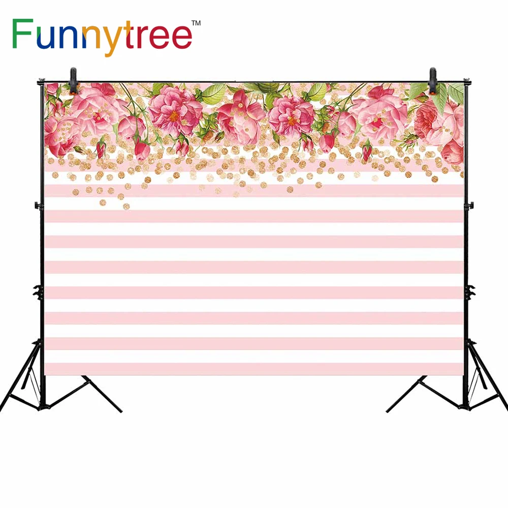 

Funnytree Birthday Photography Backdrops Pink White Stripes Princess Golden Glitter Sequins Flower Watercolor Vinyl Background