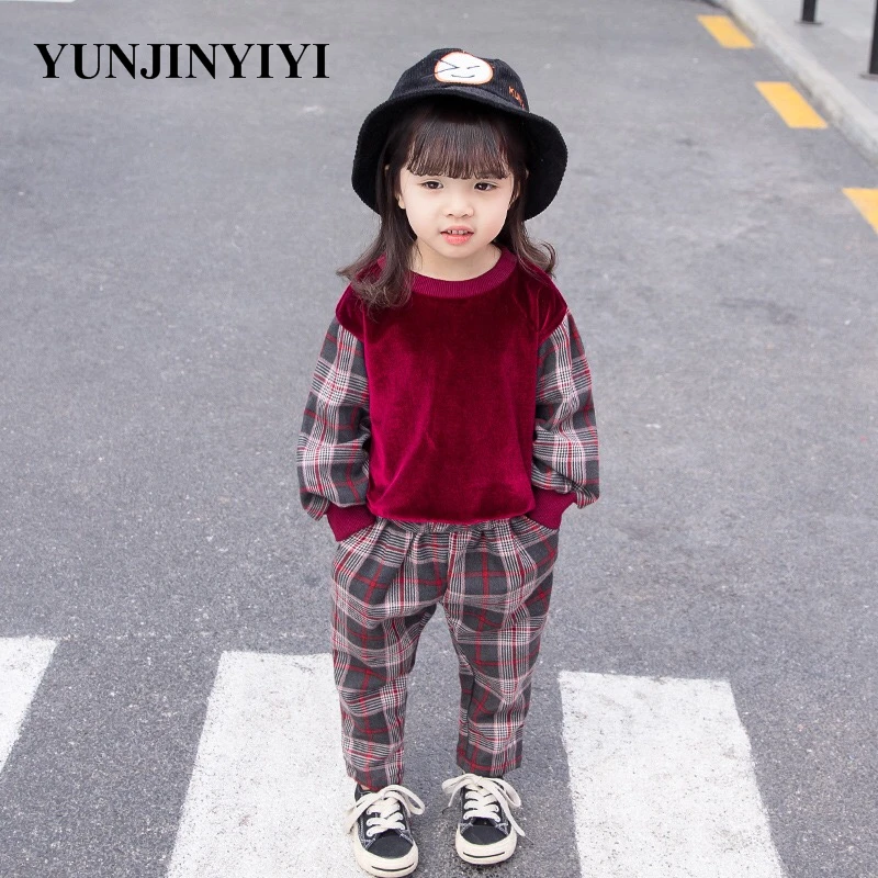 

Baby girl costume set spring and autumn casual girl clothes children's T-shirt + plaid pants children's suit kids clothes