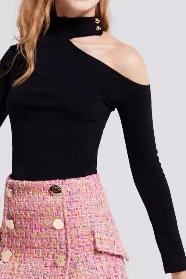 Women High Neck Asymmetric Open Shoulder Skinny Jumper Sexy Knit Top Pullover | Женская одежда
