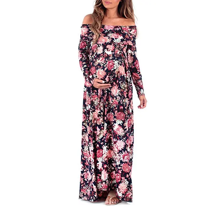

Digital Printing Dress For Woman Word Shoulder Lapel Waist Long Sleeved Dress Mopping Pregnant D012